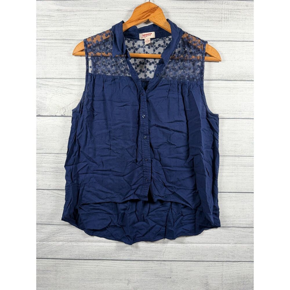 Arizona Jean Co Women's XL Navy Blue Lace Yoke Sleeveless Button Blouse 1310